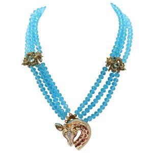 Bright Blue Faceted Bead & Magnetic Giraffe 3-Strand Statement Necklace Figural